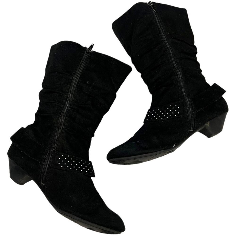 American‎ Eagle AE Boots Black Pointed Toe Mid Calf Studded Buckle Women's 5.5 - Picture 4 of 13